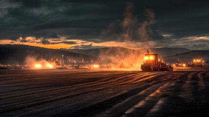 Fototapeta premium Road Construction at Dusk: Heavy machinery working on a road construction site during a dramatic sunset, creating a powerful industrial scene.