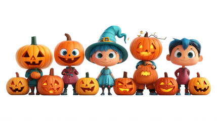 Naklejka premium [Whimsical animated Halloween pumpkin characters] Animated Cartoon Halloween Characters Standing Together With Smiling Animated Pumpkins In Colorful Whimsical Scene.
