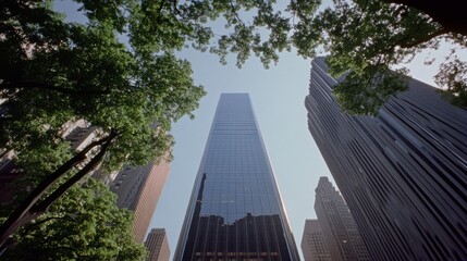 Obraz premium Towering skyscrapers framed by leafy trees reach skyward, echoing urban ambition and the harmony between nature and city.