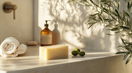 Product shot of a bar of soap in a natural setting inside a minimalist bathroom, surrounded by olive and aloe vera. Modern Bathroom interior with natural and vegan hygiene products
