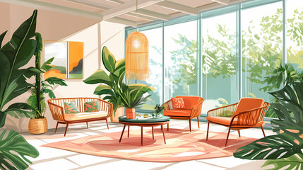 Fototapeta premium A stylish mid-century solarium with modern rattan furniture. Solarchime. Illustration