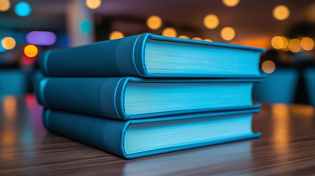 Stack of blue hardcover books on a wooden table with a cozy background.