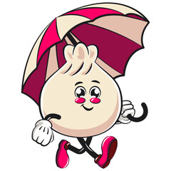 Cute dumpling vektor illustration mascot character walking with an umbrella, Xiao Long Bao, Asian, Chinese food, work of hand drawn