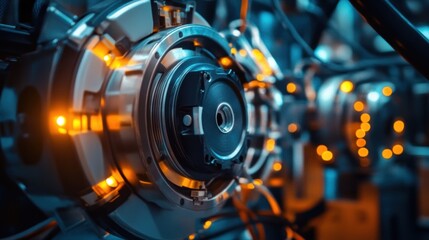 Fototapeta premium Complex machinery operates with glowing lights, showcasing intricate mechanisms and advanced technology in an industrial setting, highlighting the power and precision of modern engineering