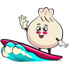 Cute dumpling vektor illustration mascot character surfing happily, Xiao Long Bao, Asian, Chinese food, work of hand drawn