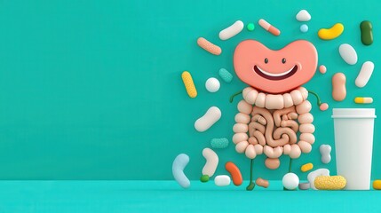 Fototapeta premium Gut health graphic featuring a smiling digestive tract next to stool examples