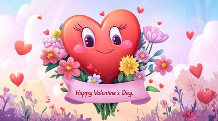 A cheerful cartoon heart holding a bouquet of flowers under a pastel pink banner that reads "Happy Valentine's Day," vibrant colors, 2D illustration, smooth gradients