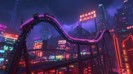 Obraz premium Futuristic city at night with a vibrant roller coaster track winding through neon-lit buildings and skyscrapers.