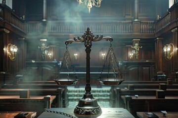High Definition Visual of Classic Scales of Justice Centered in a Courtroom