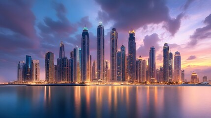 Obraz premium Dramatic Skyline of Modern City at Dusk with Glimmering Skyscrapers Reflecting in the Water