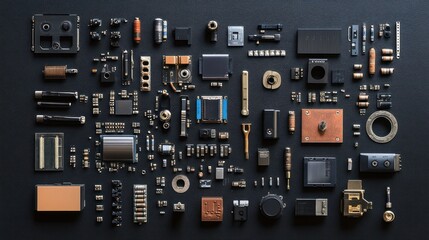 Precision electronic components arranged symmetrically on a dark surface 