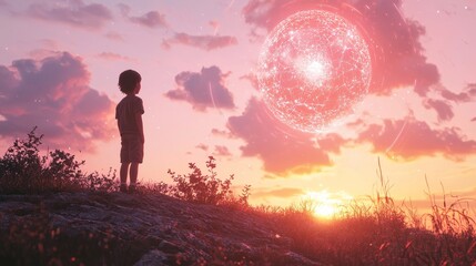 Fototapeta premium A child standing on a hill at sunset, eyes closed, with a holographic projection of their wish forming above, cinematic glow, Sci-fi, Photorealistic