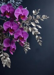 Vibrant purple orchids and silver leaves on a dark blue background, Christmas, elegant