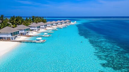 Fototapeta premium Clear blue lagoons with boats docked, travelers swimming and relaxing, expansive ad layout, modern and relaxing beach vibe
