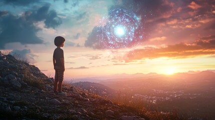 Obraz premium A child standing on a hill at sunset, eyes closed, with a holographic projection of their wish forming above, cinematic glow, Sci-fi, Photorealistic