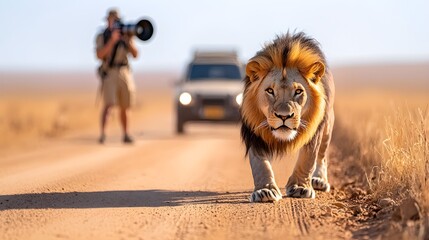 Close-up of a lion in the wild, safari travelers photographing from safe distance, bold ad layout space, rustic and thrilling atmosphere