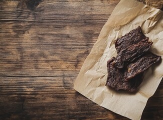 Fototapeta premium Beef jerky on craft paper with copy space, wooden background. Top view. Flat lay. stock photo contest winner, high resolution, high detail, sharp focus, studio photography 