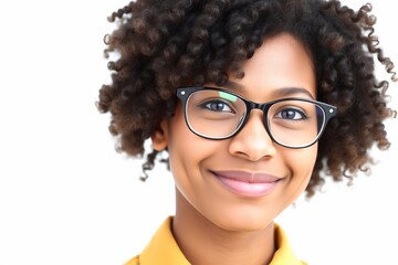 Obraz premium a portrait of a young African-American woman with short curly hair and glasses. She is smiling and looking directly at the camera.