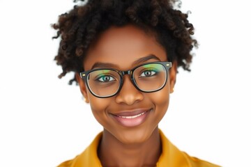 Obraz premium a portrait of a young African-American woman with short curly hair and glasses. She is smiling and looking directly at the camera.