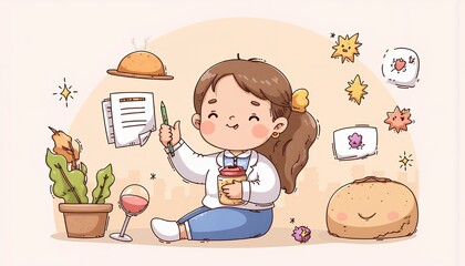 Fototapeta premium 2D Flat Chibi Cartoon Character of a Chef - Cheerful female chef reviewing a recipe surrounded by food icons and kitchen elements, isolated on white background - perfect for culinary websites, restaur