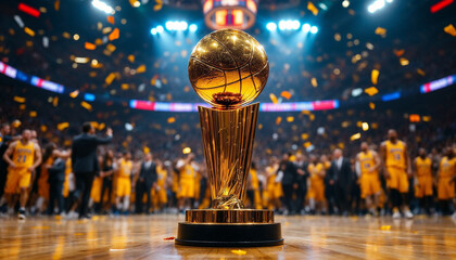 NBA championship trophy gleams on a court amid jubilant players, confetti, and spotlight.

