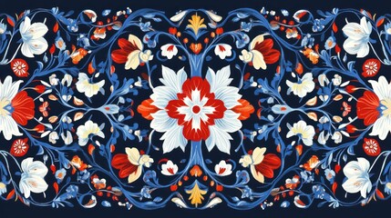 Ornate floral pattern with red, white, and blue flowers on dark blue background.