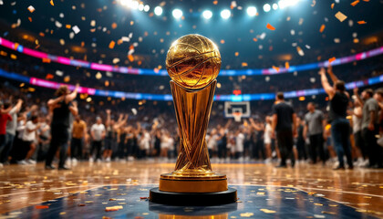 NBA championship trophy gleams on a court amid jubilant players, confetti, and spotlight.

