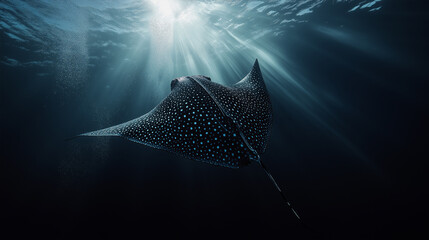 Naklejka premium Graceful manta ray gliding through the deep ocean under sunlit waters.