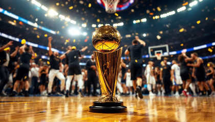 NBA championship trophy gleams on a court amid jubilant players, confetti, and spotlight.

