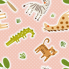 Cute hand drawn african baby animals on a pink neutral with stripes background, kids seamless pattern with zebra, crocodile, giraffe, lion, tiger.