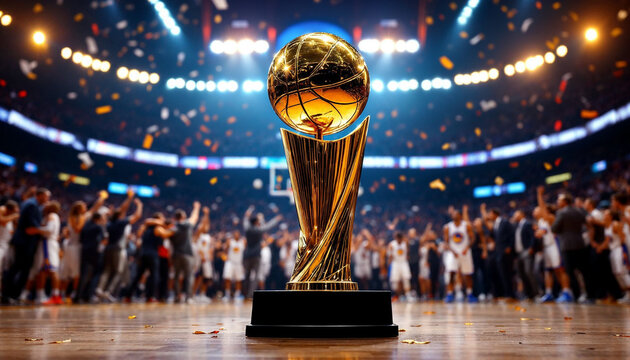 NBA championship trophy gleams on a court amid jubilant players, confetti, and spotlight.

