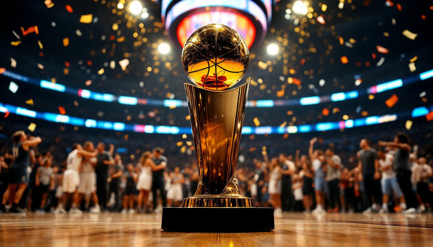 NBA championship trophy gleams on a court amid jubilant players, confetti, and spotlight.

