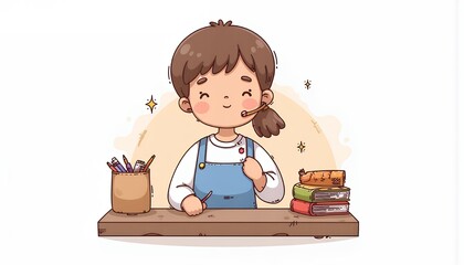2D Flat Chibi Cartoon Character of a Student - A cheerful girl sits at a desk, happily studying with books, pencils, and a packed lunch beside her, isolated on white background -  Adorable chibi illus