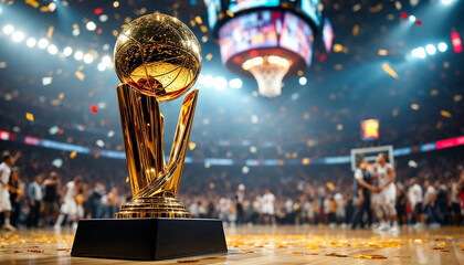 NBA championship trophy gleams on a court amid jubilant players, confetti, and spotlight.

