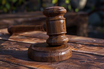High Detail Visual of Wooden Gavel Sitting on a Wooden Table Icon of Legal Judgment