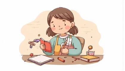 2D Flat Chibi Cartoon Character of an Artist - A cheerful young female artist is happily working on her creative project at her desk surrounded by art supplies, including pencils, crayons, notebooks,
