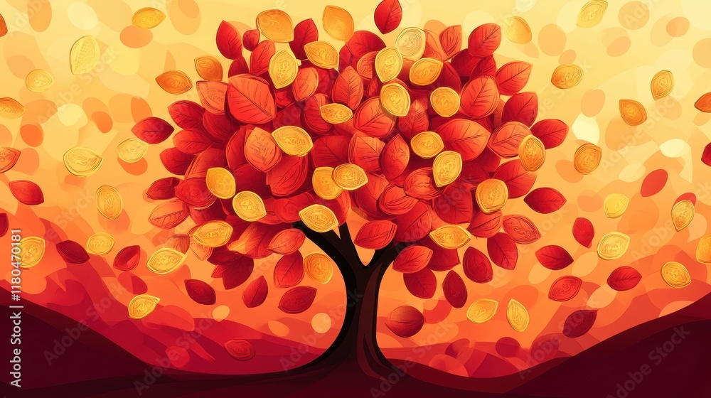 Aufkleber abstract autumn tree with falling leaves in warm colors