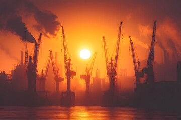 Obraz premium Dramatic Industrial Skyline with Cranes Silhouetted Against the Setting Sun