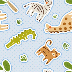 Zoo cute hand drawn african baby animals on a blue neutral with stripes background, kids seamless pattern with zebra, crocodile, giraffe, lion, tiger.