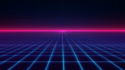 Retro Futuristic Grid Landscape with Neon Lights