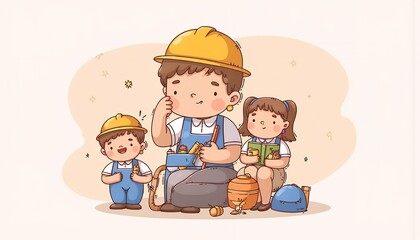 2D Flat Chibi Cartoon Character of Construction Worker with Children - A cheerful construction worker is surrounded by his two children, all wearing hard hats, with various tools and equipment scatter