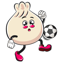 Cute dumpling vektor illustration mascot character dribbling a football or soccer ball, Xiao Long Bao, Asian, Chinese food, work of hand drawn
