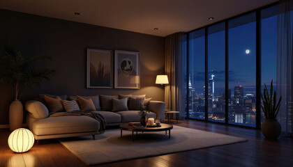 Cozy modern living room night with a large window offering a view of a city skyline at night.