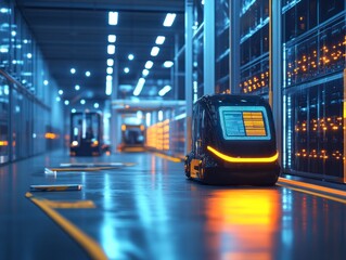 Futuristic Logistics Hub Featuring Smart Robots and Holographic Data Displays in an Advanced Warehouse Environment