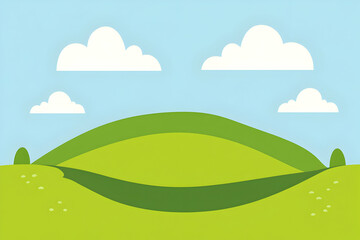 Idyllic cartoon landscape featuring rolling green hills under a bright blue sky with fluffy white clouds; perfect for children's books, websites, or presentations.