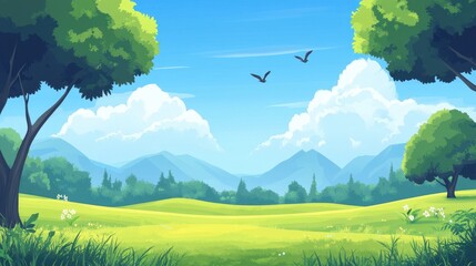 Obraz premium Serene Green Meadow Landscape Under Blue Sky
