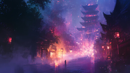 Fototapeta premium Shimmering colors float effortlessly through the air, glowing mist, soft focus, hazy atmosphere. Nightglow. Illustration