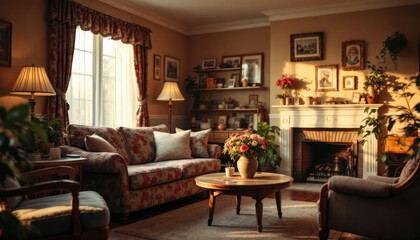 Art deco interor living room with a large window, curtains, a sofa, a coffee table, and a record player.