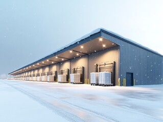 Winter Themed Shipment Facility Covered in Soft Snow at Dawn with Warehouse Loading Docks Under Snowy Sky
