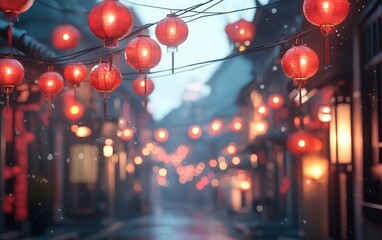 Obraz premium Chinese New Year background with red lanterns and copy space, blurred Chinese New Year festival decorations in the foreground. Asian cultural celebration concept. Blurred festive background. 